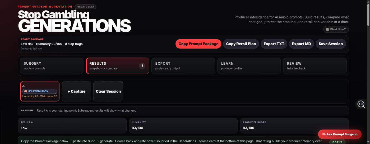 The Results tab showing a ready prompt package, a captured Result A with a system pick badge, and humanity and producer scores.