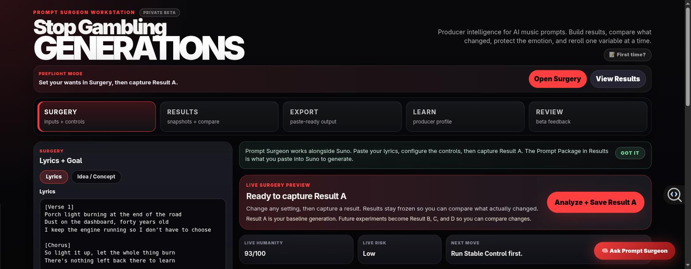 The Surgery tab: a lyrics field, a generation goal, and producer controls for platform, genre, vocal, emotion and intro strategy.
